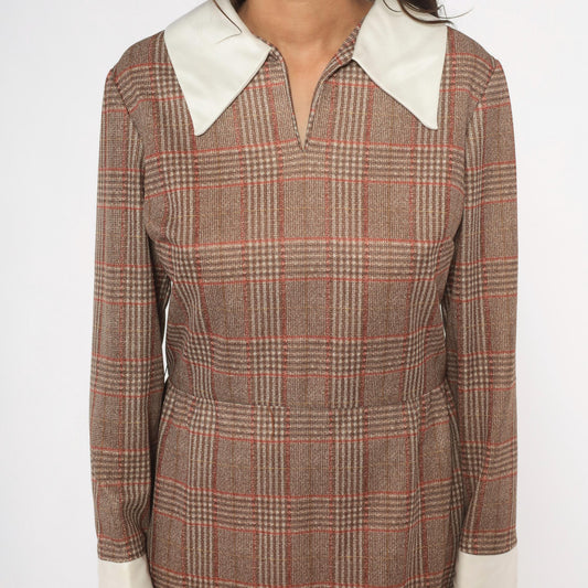 70s Glen Plaid Mini Dress Tan Rust Brown Pointed Collar Long Sleeve Medium M