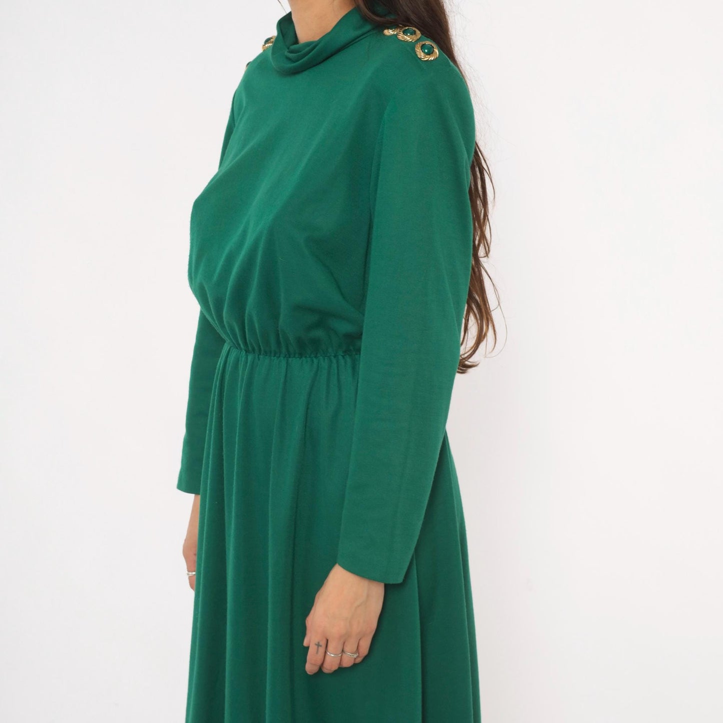 80s Impromptu Emerald Cowl Neck Midi Dress Gold Button Long Sleeve Large L