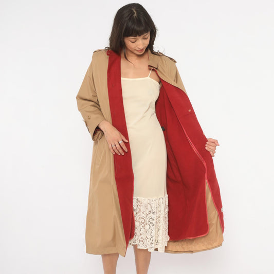 80s Tan Trench Coat Red Lined Button Front Epaulette Knee Length Large L