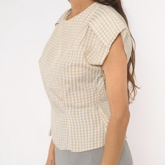 80s Componix Gingham Cap Sleeve Blouse Tan White Pintuck Peplum Medium
