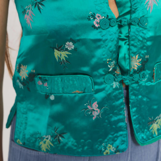 80s Esme Teal Satin Brocade Vest Floral Embroidered Frog Button Sleeveless Extra Small