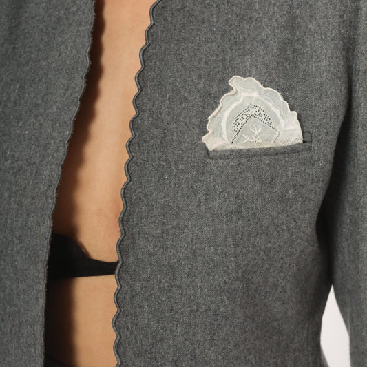 80s Sasson Grey Scalloped Blazer Puff Sleeve Mandarin Collar Cropped Small S