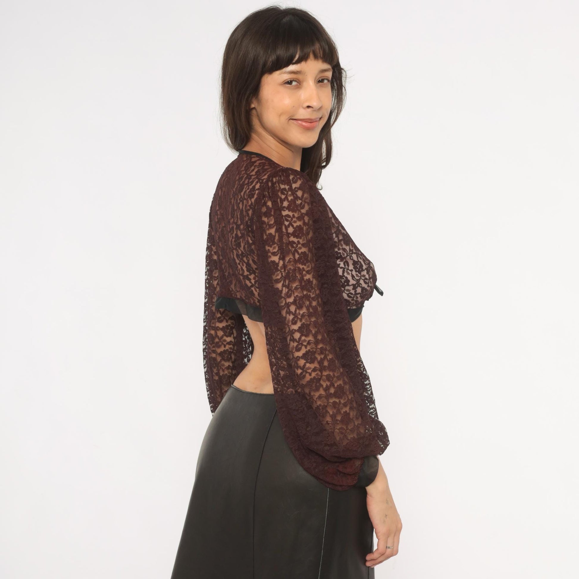 70s Rovel of California Black Lace Crop Top Tie Front Deep V Neck Bishop Sleeve Small