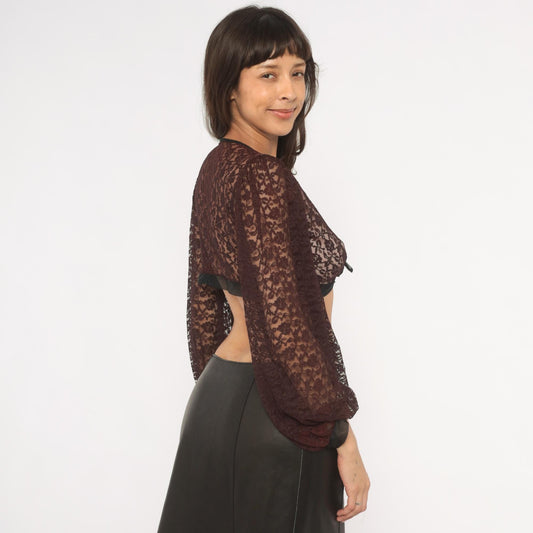 70s Rovel of California Black Lace Crop Top Tie Front Deep V Neck Bishop Sleeve Small
