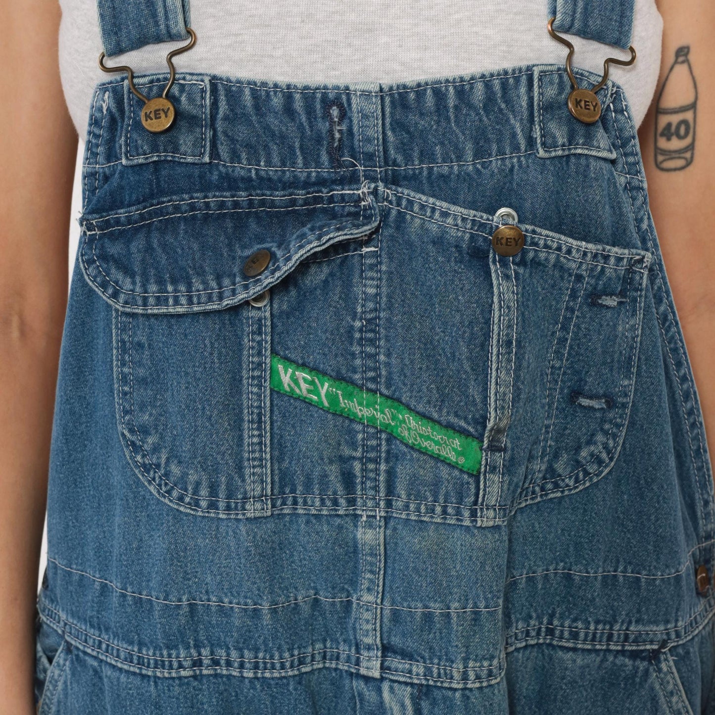 90s Key Denim Overalls Medium Blue Wide Leg Bib Dungarees Utility Pockets