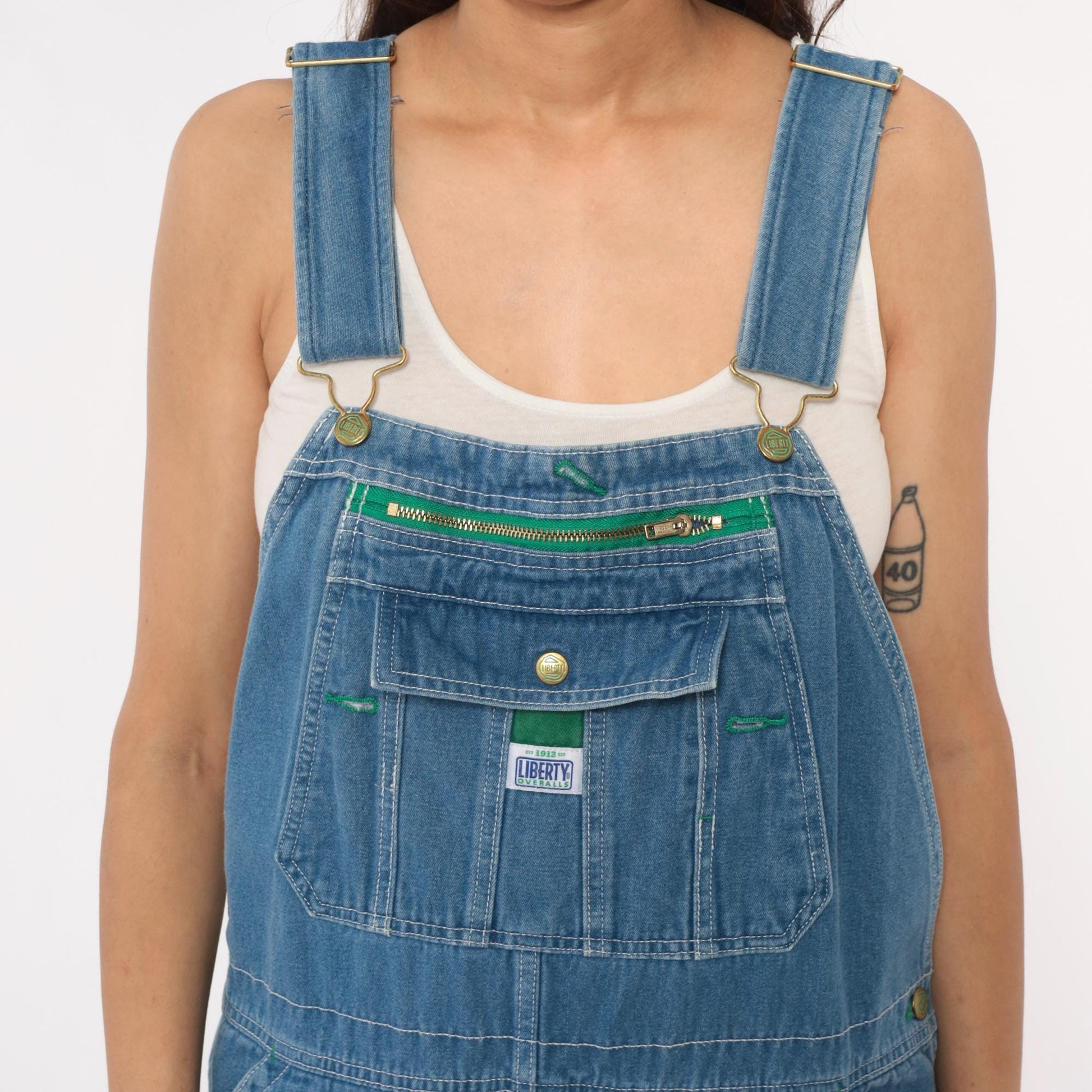 90s Liberty Denim Overalls Blue Green Stitching Unisex Medium