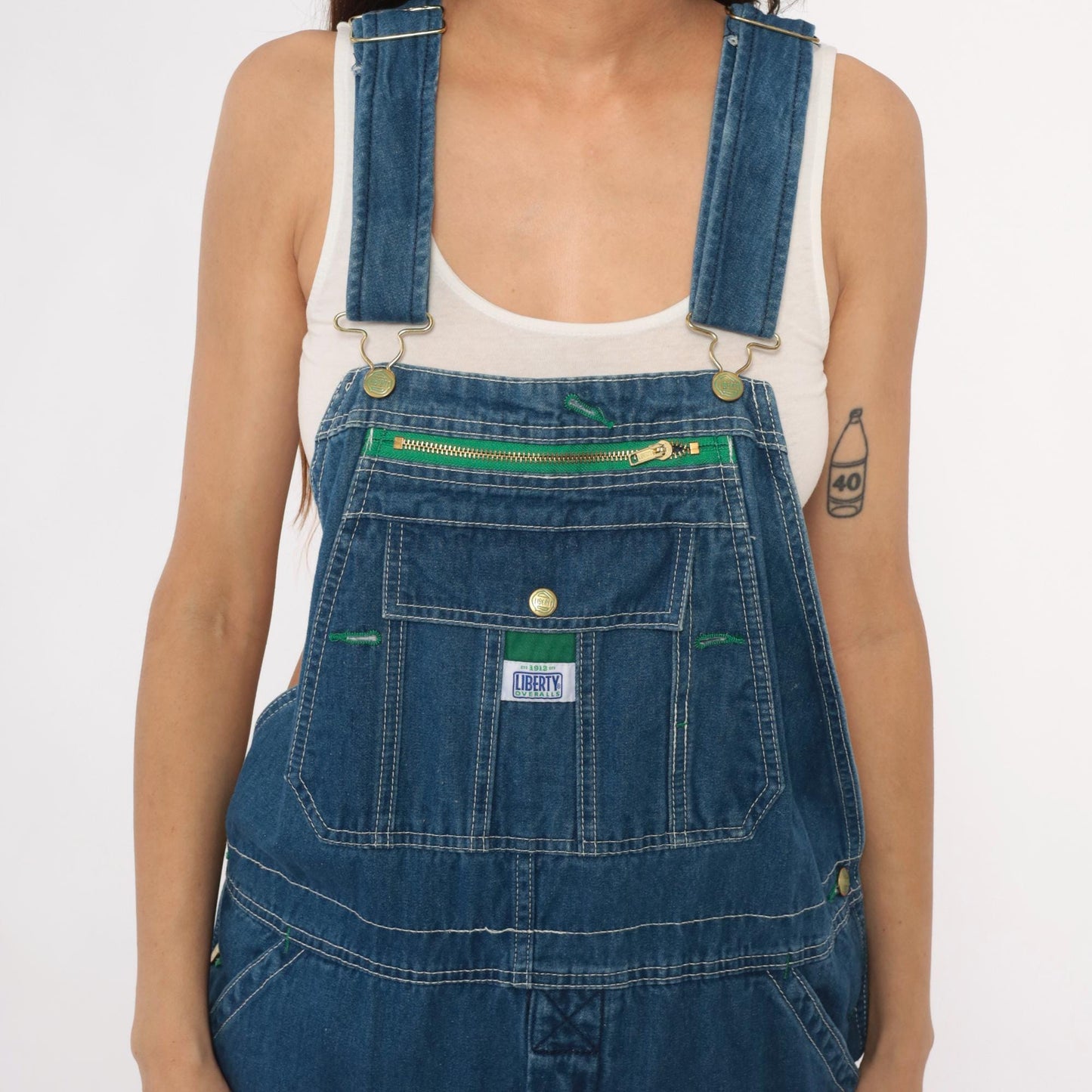 Y2K Liberty Medium Blue Denim Overalls Green Trim Zippered Bib Extra Large