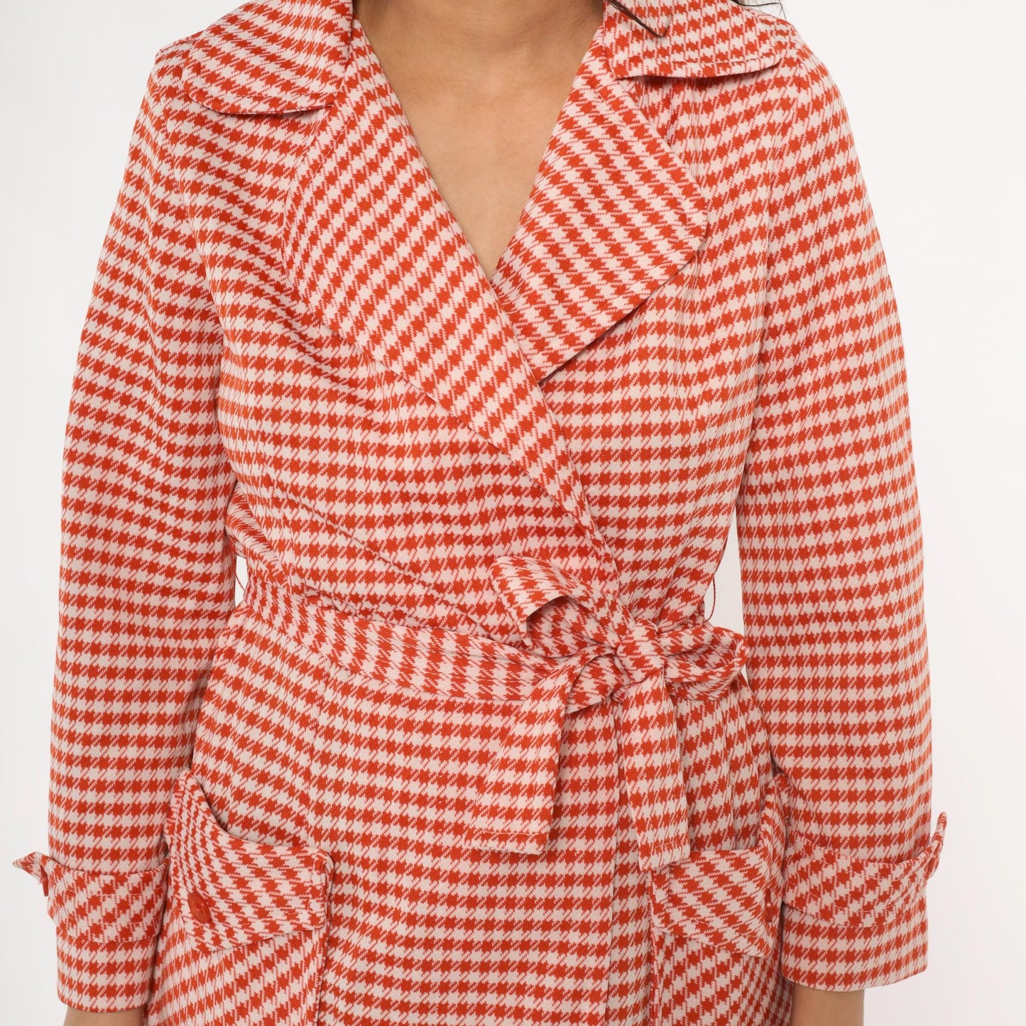 70s Houndstooth Wrap Jacket Red White Checkered Collared Blazer Medium