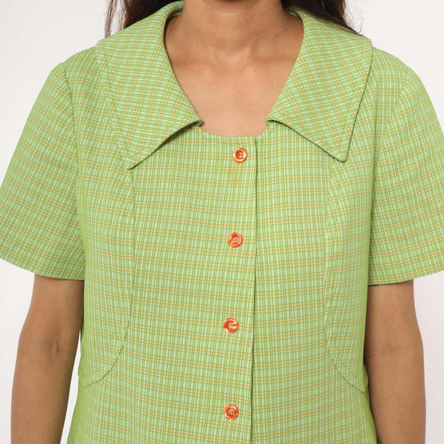 70s Green Yellow Checkered Mini Shift Dress Pointed Collar Short Sleeve Large L