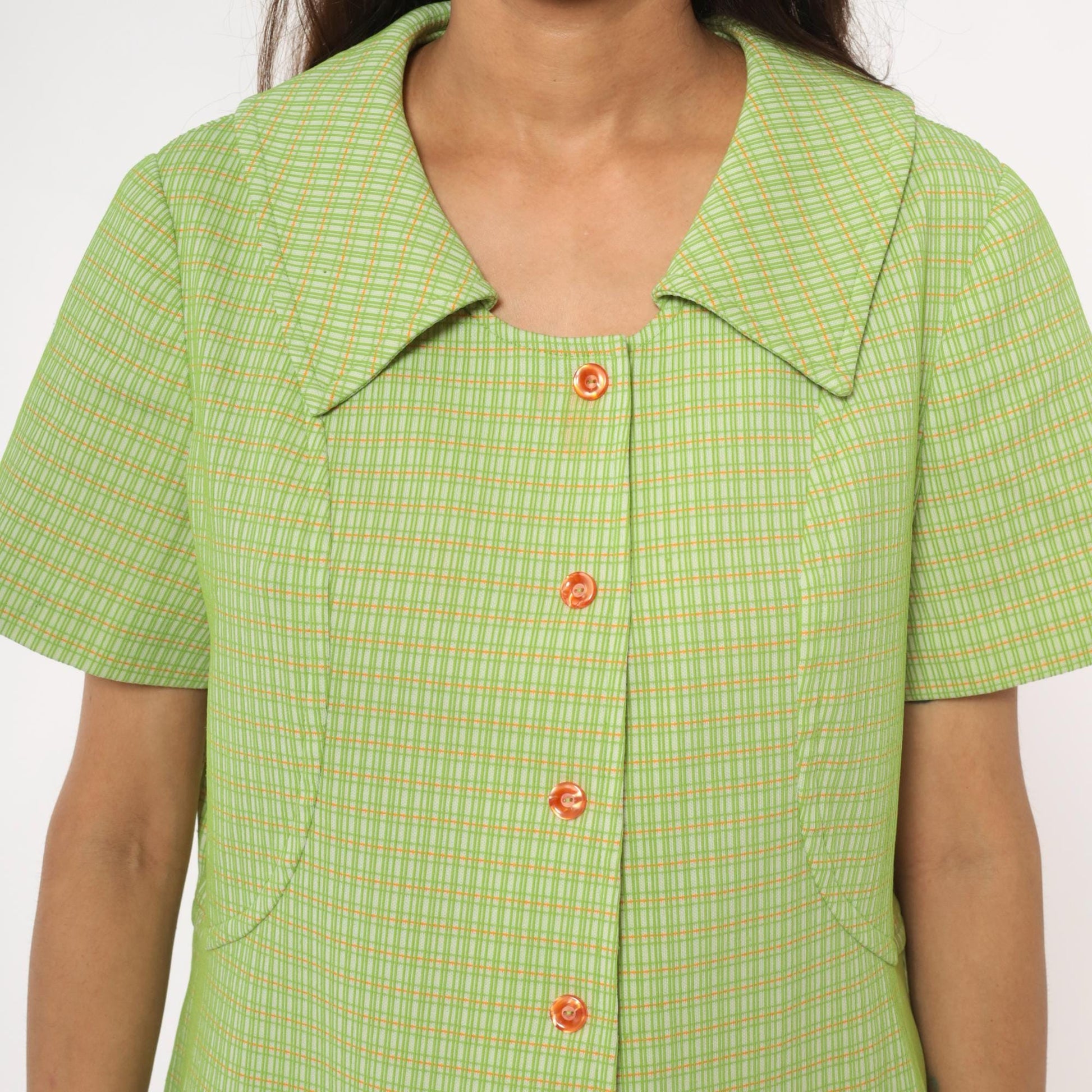 70s Green Yellow Checkered Mini Shift Dress Pointed Collar Short Sleeve Large L