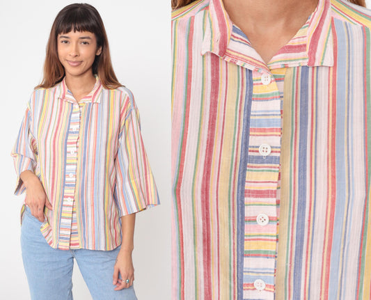 80s Lady Manhattan Rainbow Stripe Button Blouse Multicolor Cotton Medium M