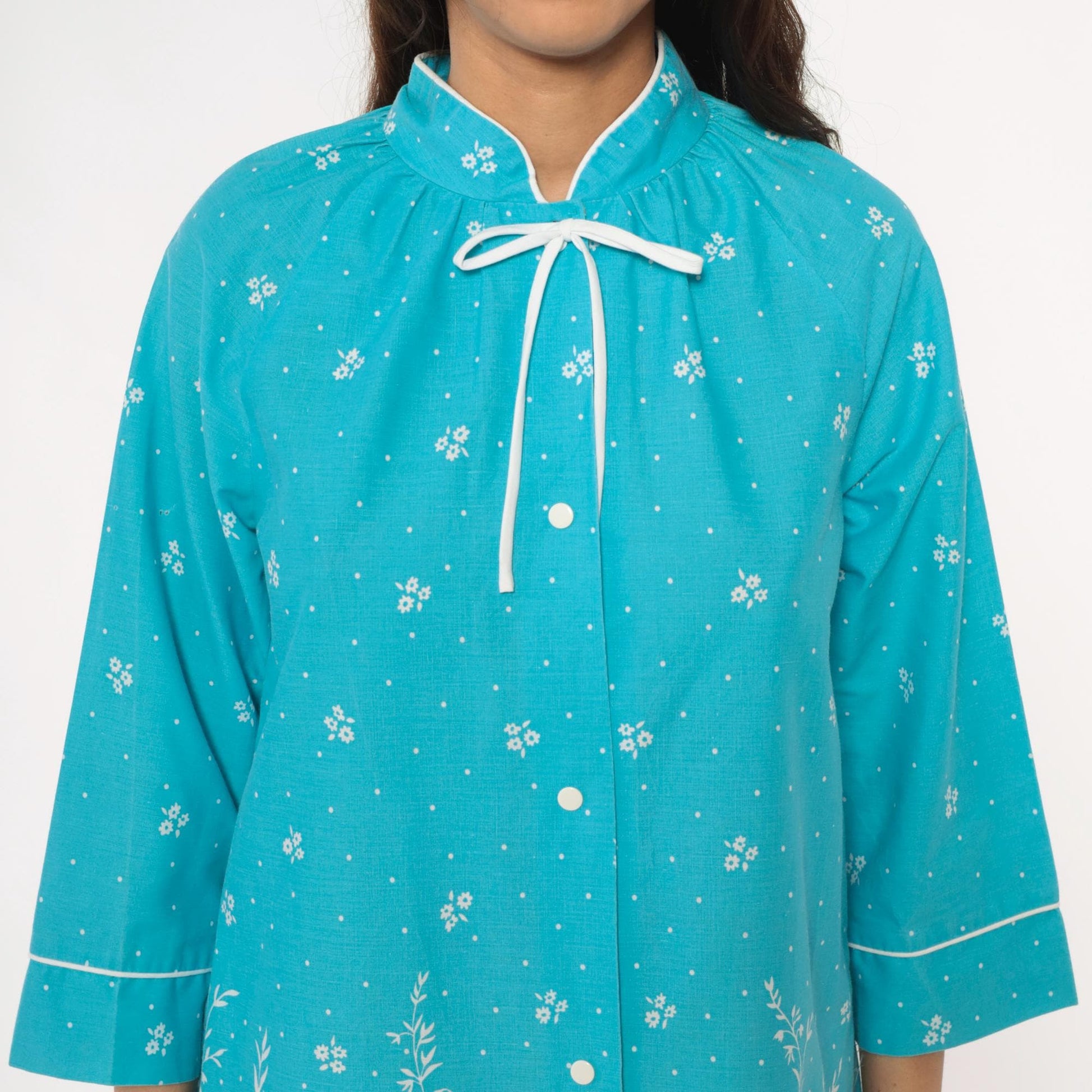80s Dan Ellen Turquoise Floral Shift Dress Mandarin Collar Small