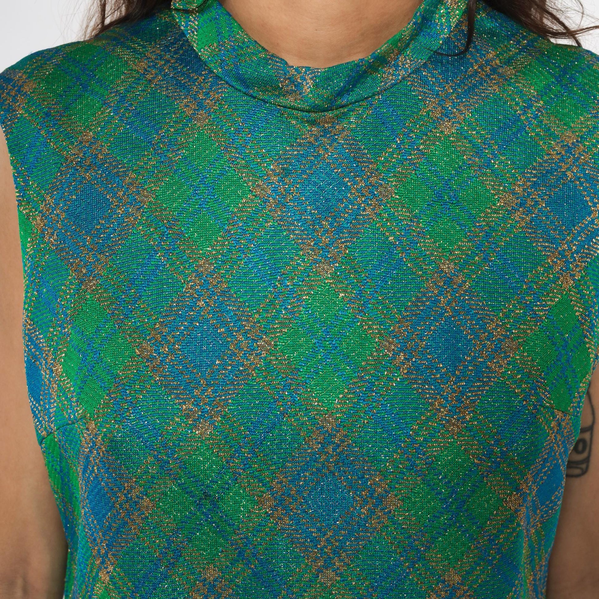 60s Metallic Plaid Shift Dress Blue Green Gold Mock Neck Mini Large L