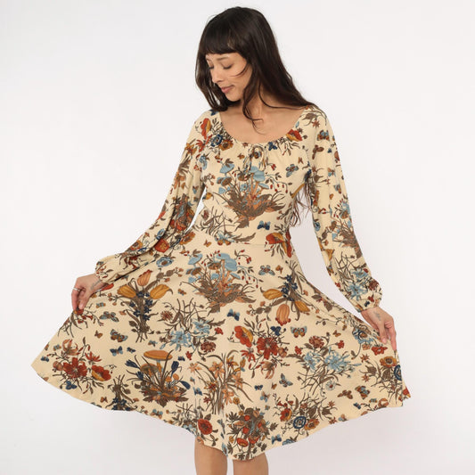 70s Mushroom Butterfly Floral Dress Cream Drawstring Peasant Small
