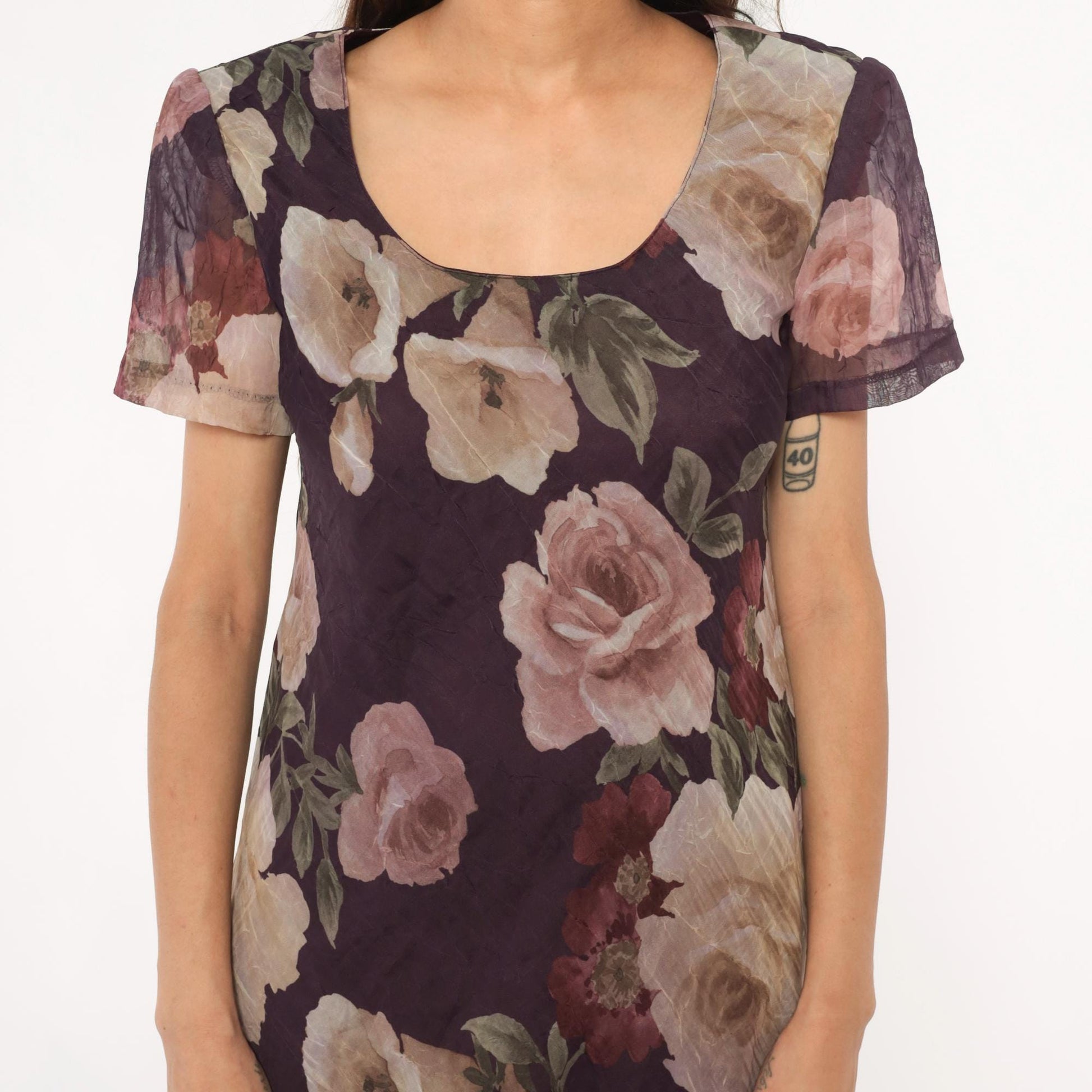 90s Jessica Howard Floral Maxi Dress Purple Rose Print Short Sleeve Medium
