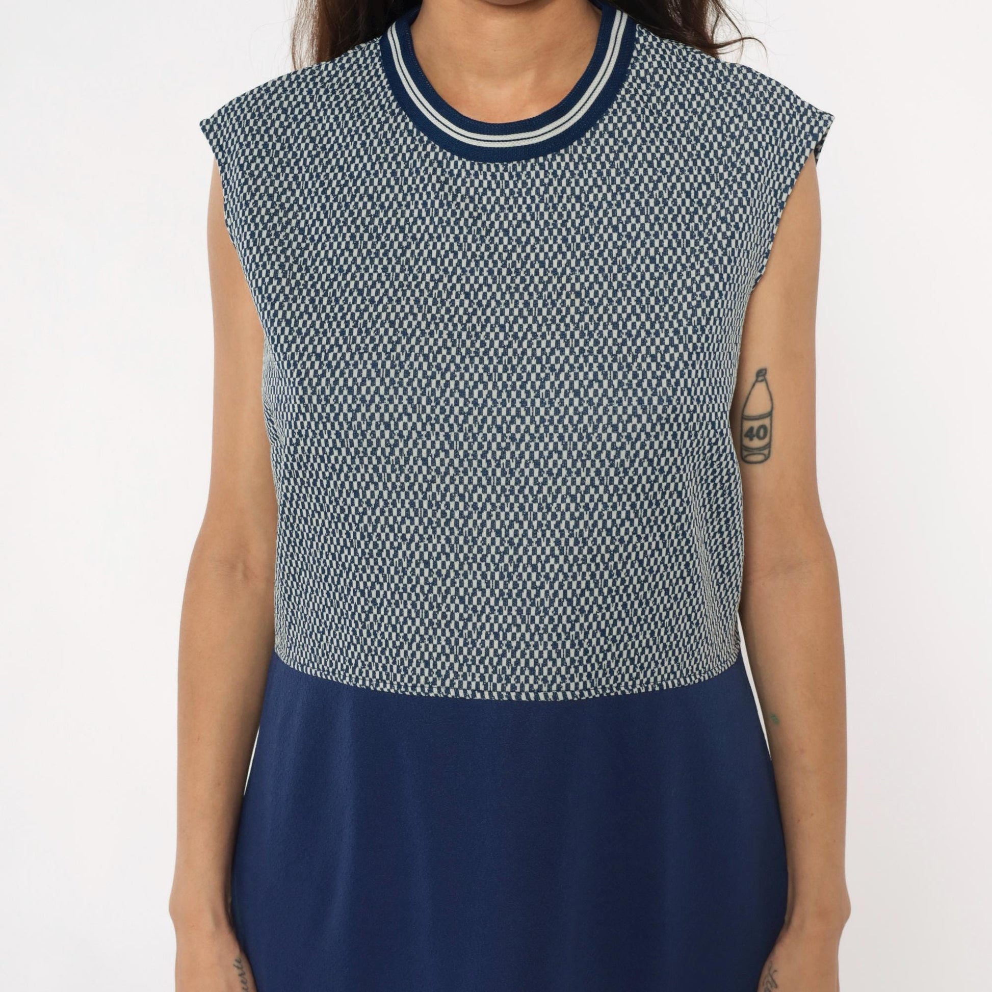 70s JC Penney Geometric Navy White Sleeveless Shift Dress Extra Large XL