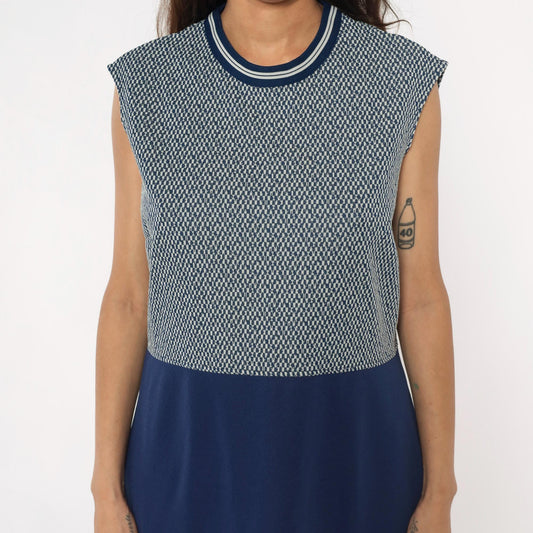 70s JC Penney Geometric Navy White Sleeveless Shift Dress Extra Large XL