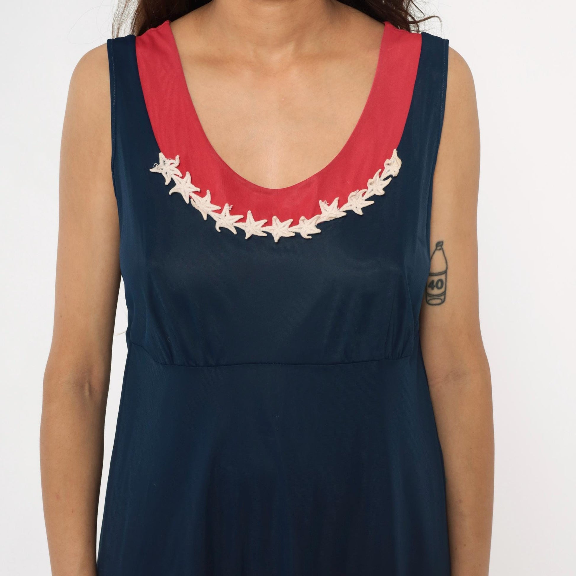 70s Navy Maxi Dress Stars Embroidered Red Trim Empire Waist Medium
