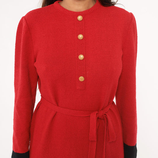 80s Castleberry Red Sweater Dress Gold Buttons Black Cuffs Tie Belt Medium