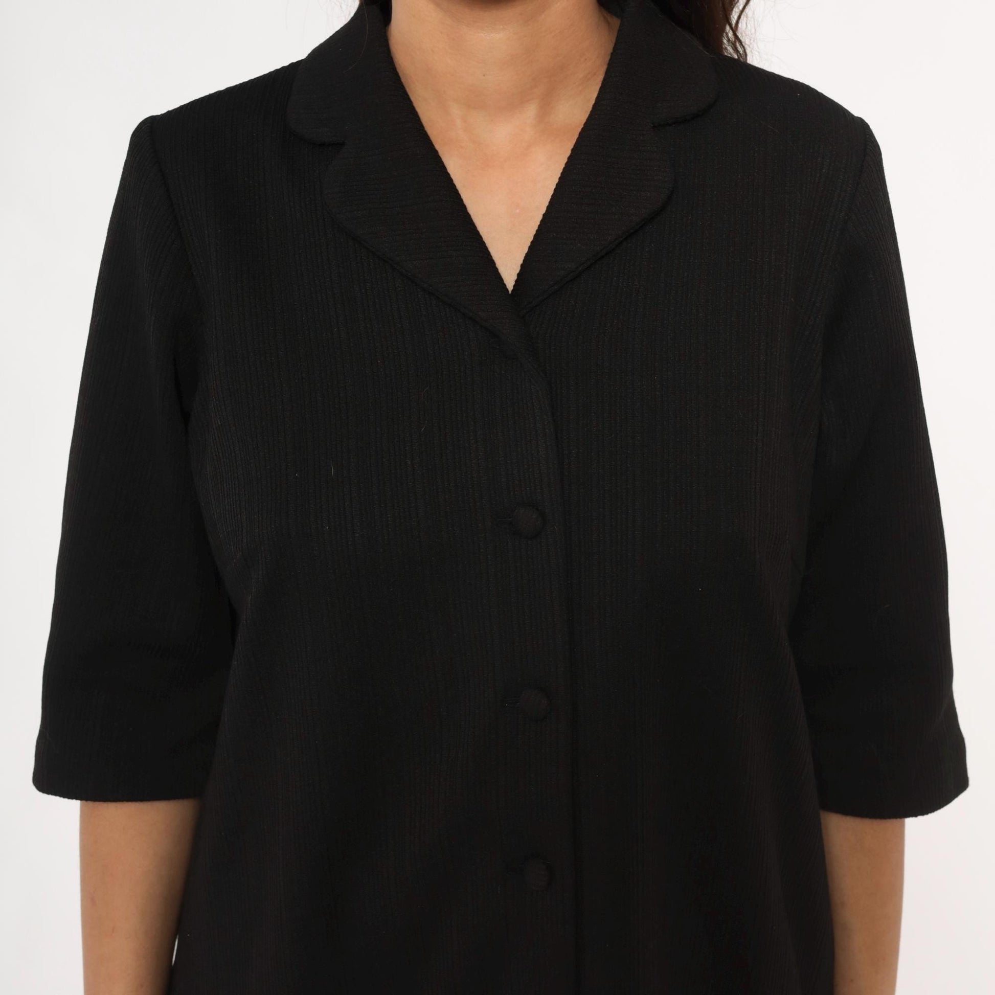 70s Black Shift Dress Button Front Lapel 3/4 Sleeve Knee Length Large