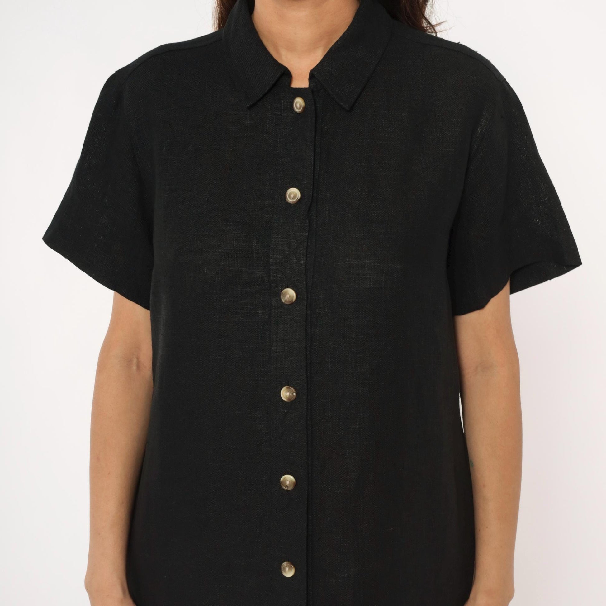 90s Harve Benard Black Linen Midi Shirt Dress Button Front Collar Large L
