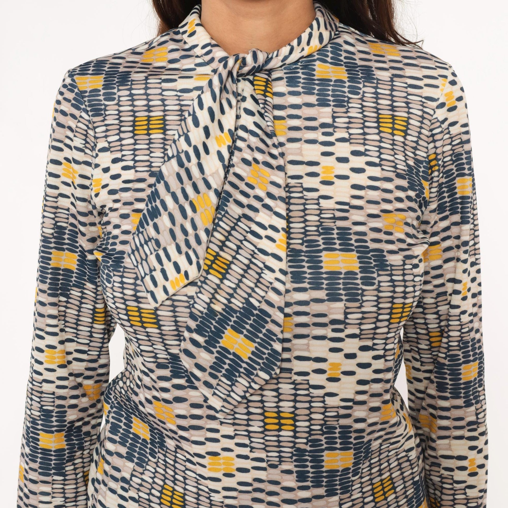 70s Sears Geometric Print Pussy Bow Blouse Navy Mustard Cream Small