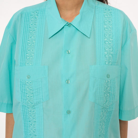 80s Tropicool Aqua Embroidered Pintuck Short Sleeve Shirt Medium