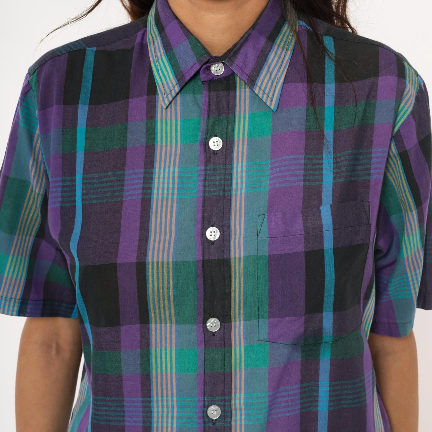80s Plaid Button-Up Shirt Purple Green Teal Check Short Sleeve Medium