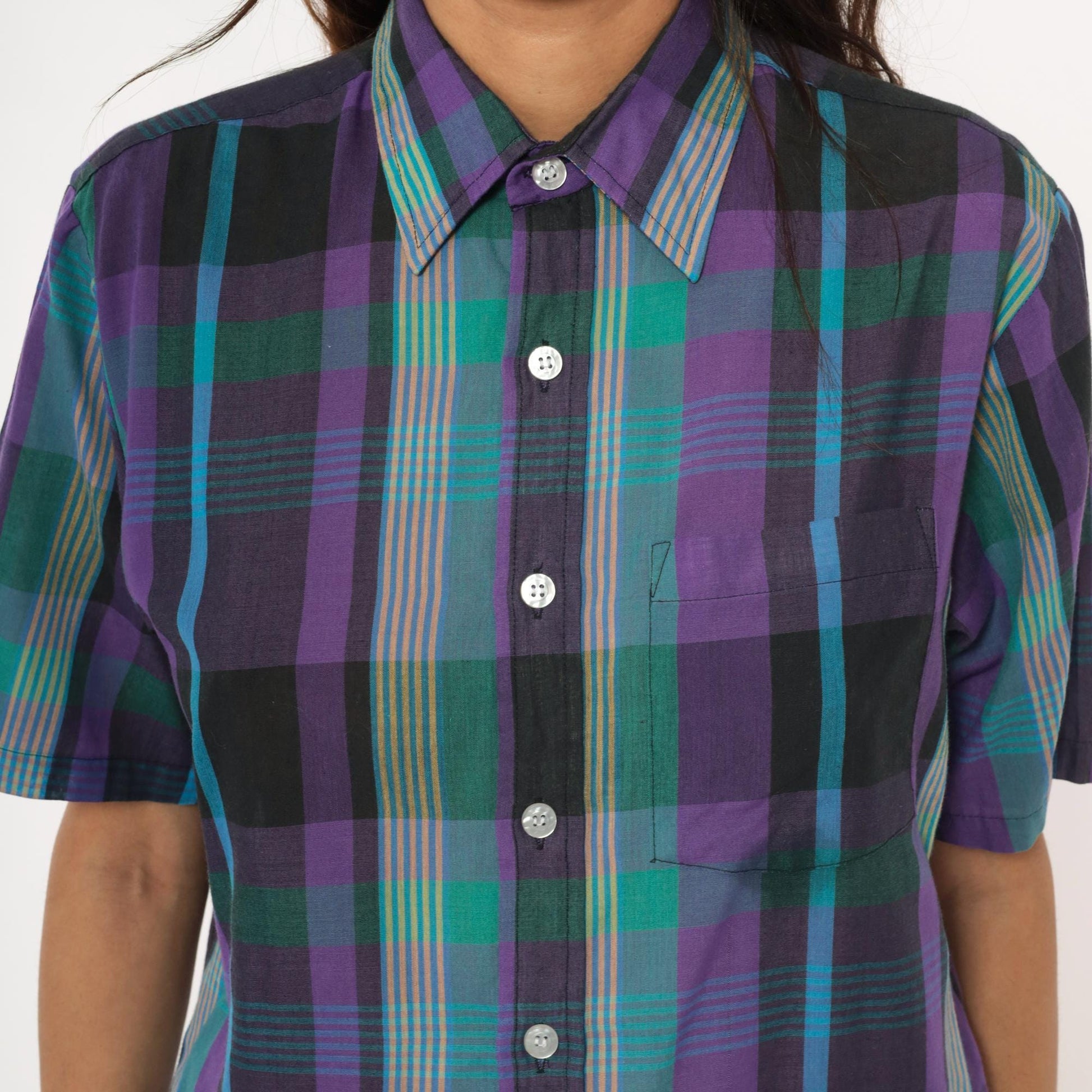 80s Plaid Button-Up Shirt Purple Green Teal Check Short Sleeve Medium