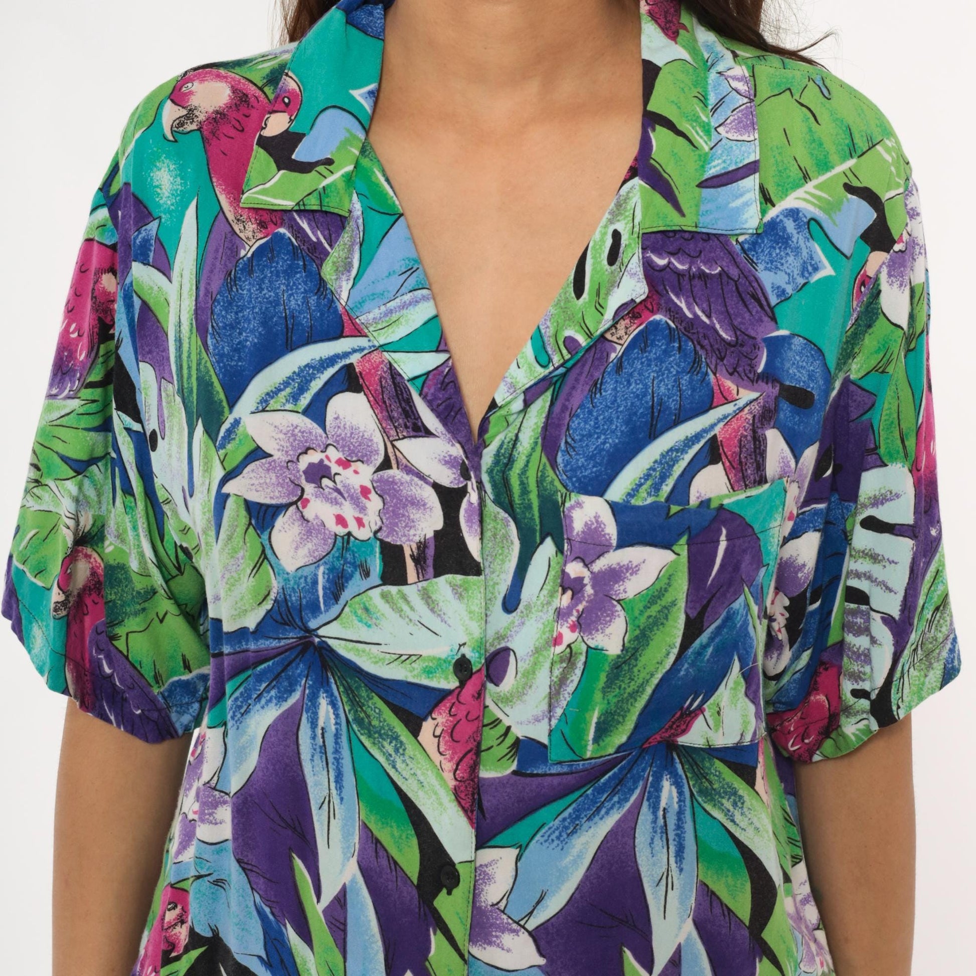 90s Spare Change California Tropical Parrot Rayon Shirt Turquoise Medium