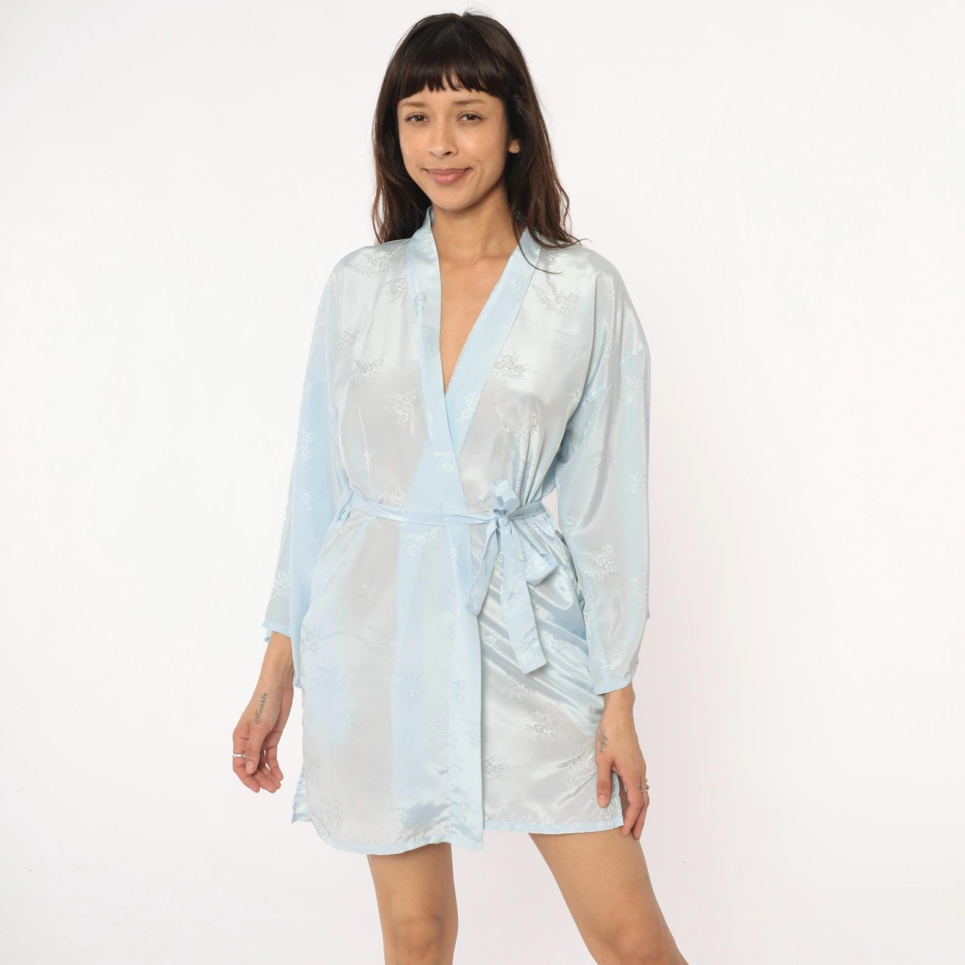 80s Pale Blue Kimono Robe Floral Print Wrap Shawl Collar Medium