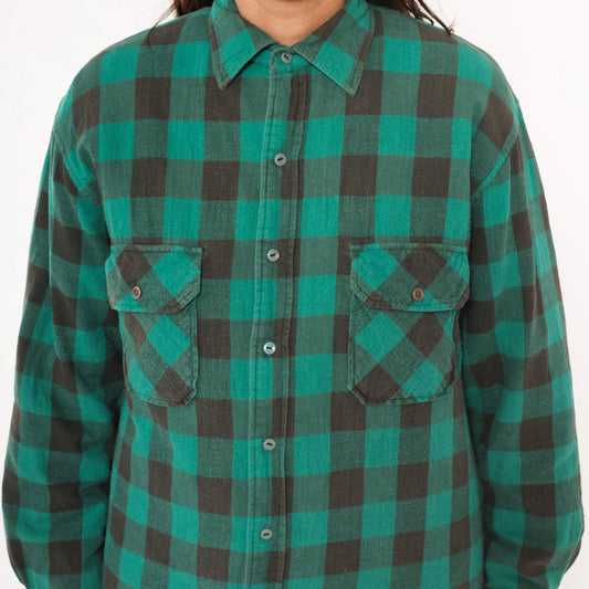 90s Sports Afield Buffalo Plaid Flannel Shirt Green Black Quilted Medium M
