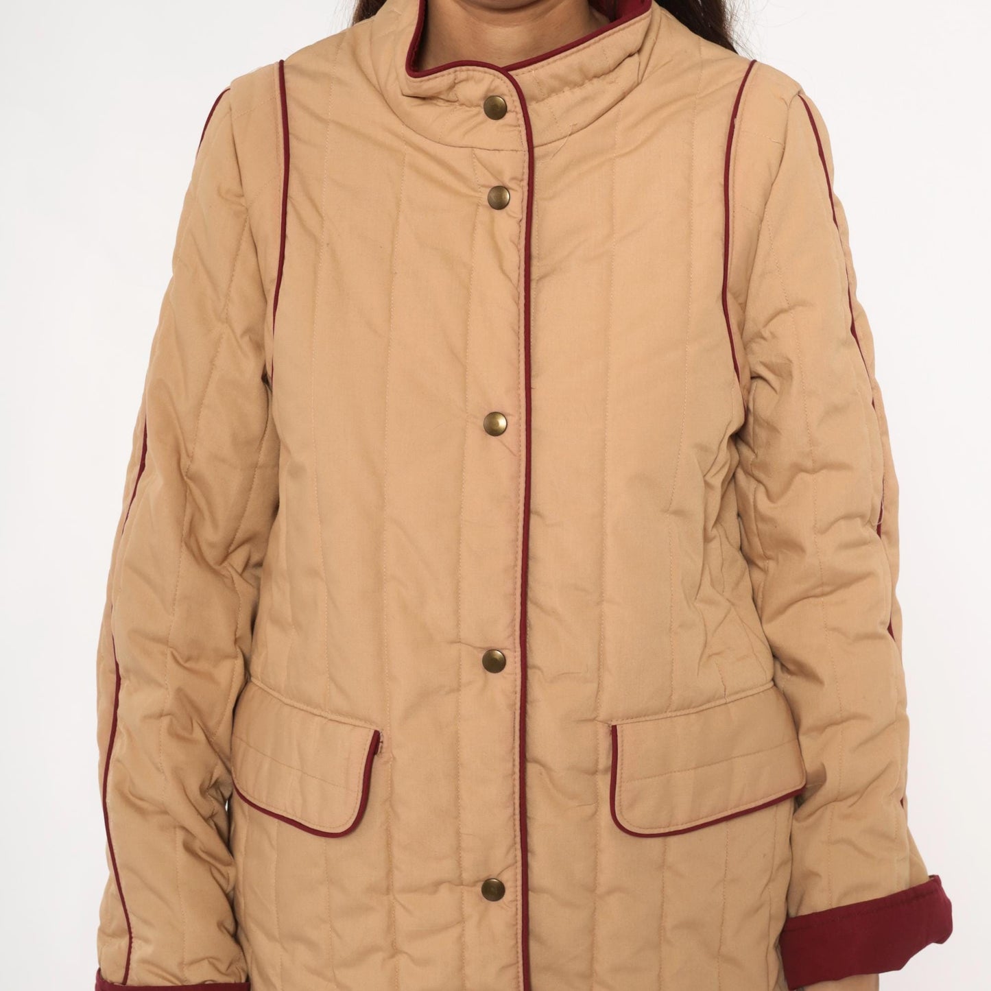80s Saril Quilted Barn Jacket Tan Burgundy Trim Snap Front Small