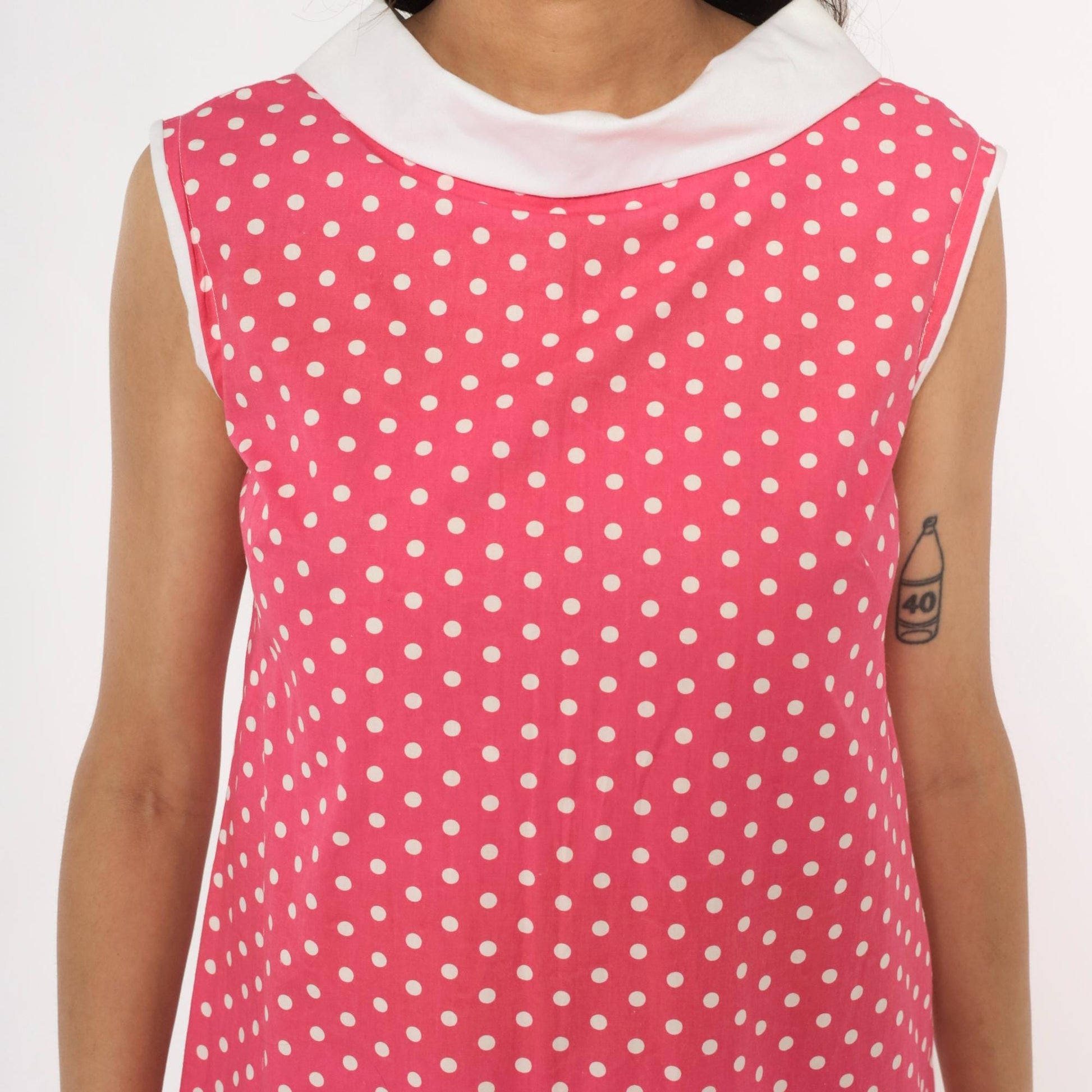90s Pink Polka Dot Shift Dress White Peter Pan Collar Small