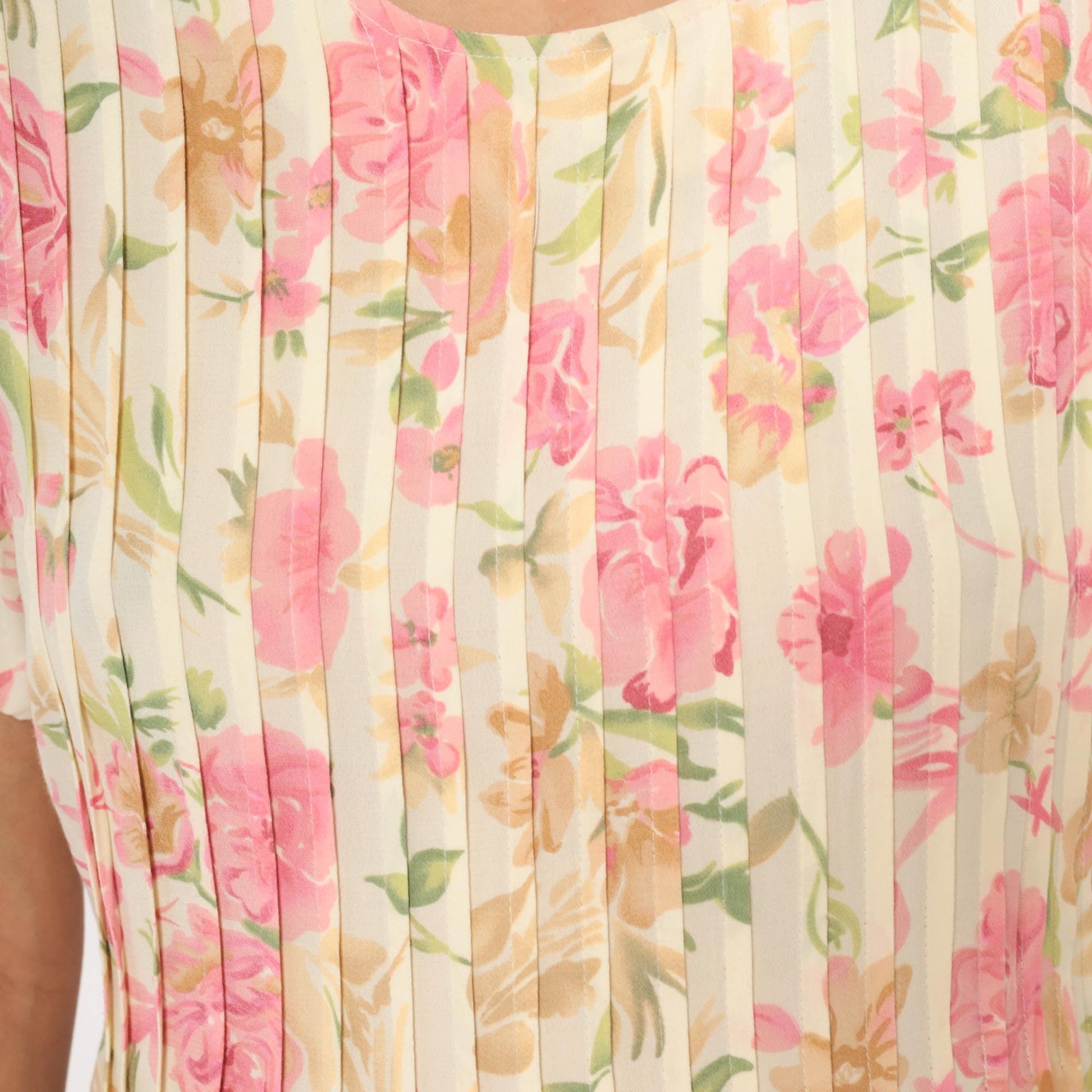 90s Teddi Floral Midi Dress Cream Pink Roses Pintuck Bodice Tie Back Large