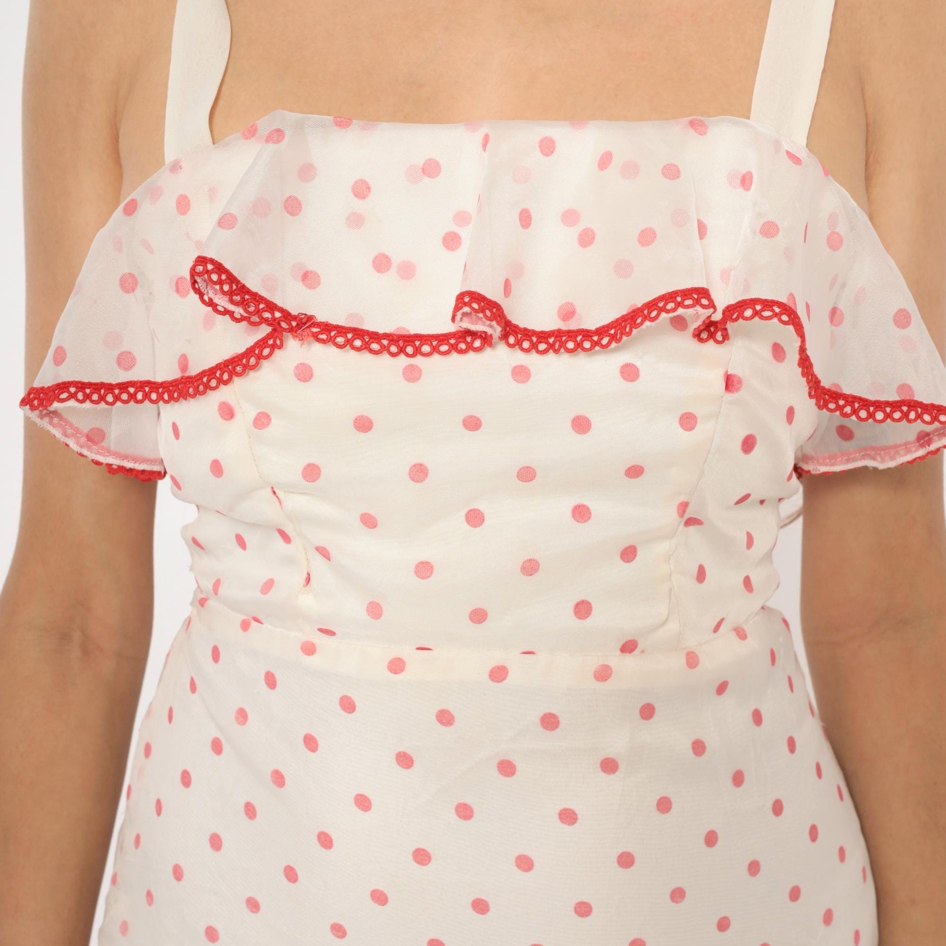 80s Pink White Polka Dot Midi Dress Red Ribbon Ruffle Spaghetti Strap Extra Small
