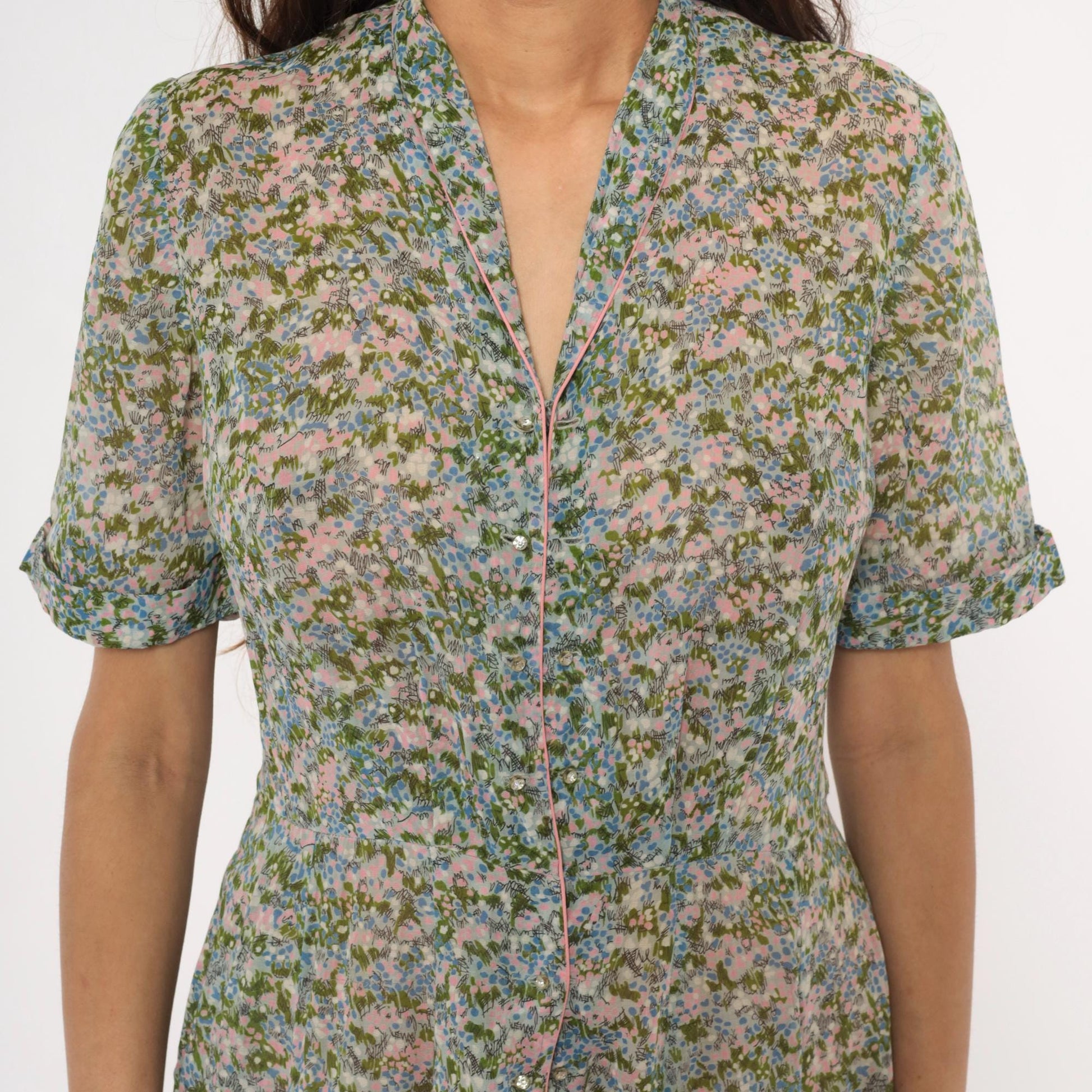 60s Laiglon Floral Midi Dress Button Front Shirtdress Cotton Medium