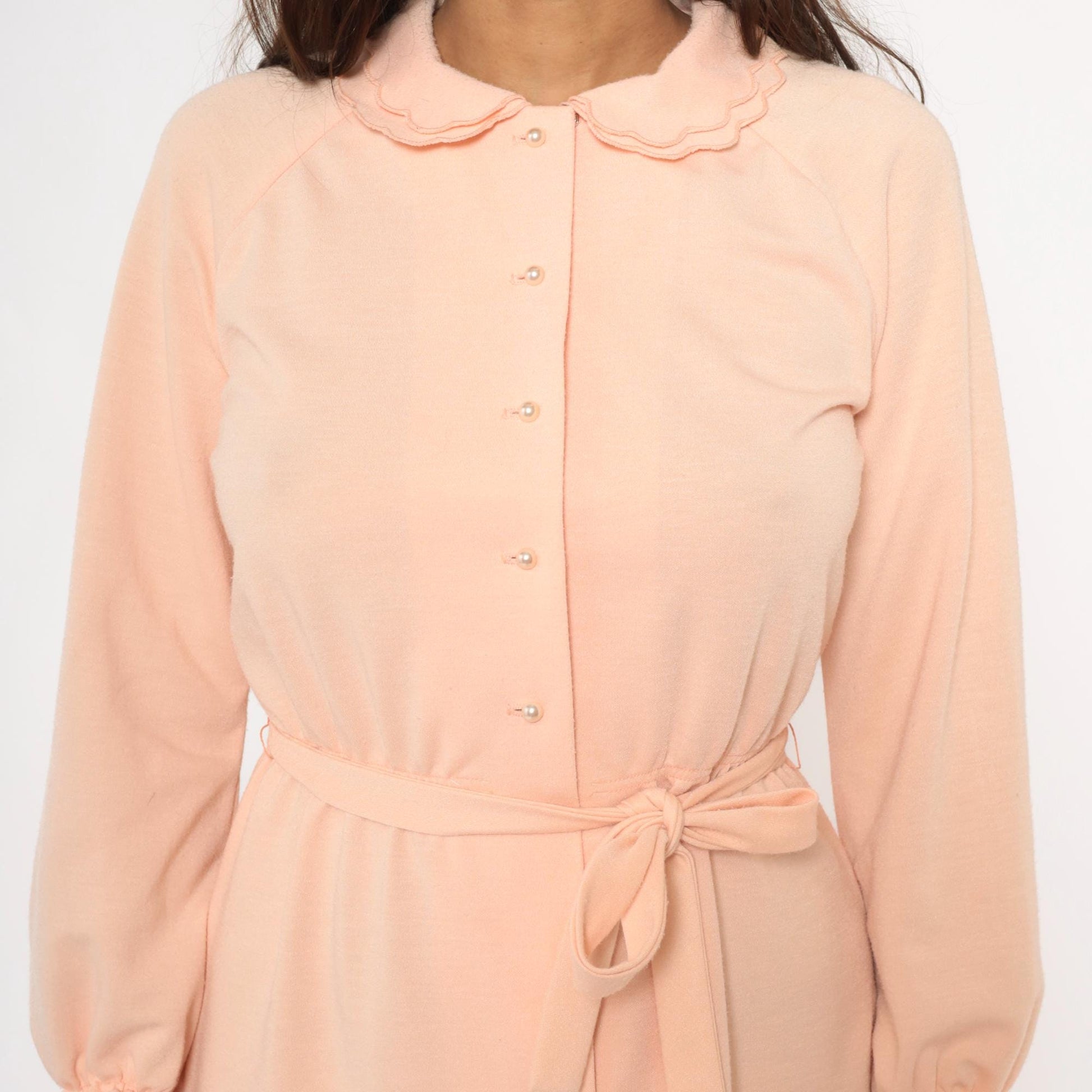 80s Leslie Fay Peach Dress Peter Pan Collar Button Front Belted Small