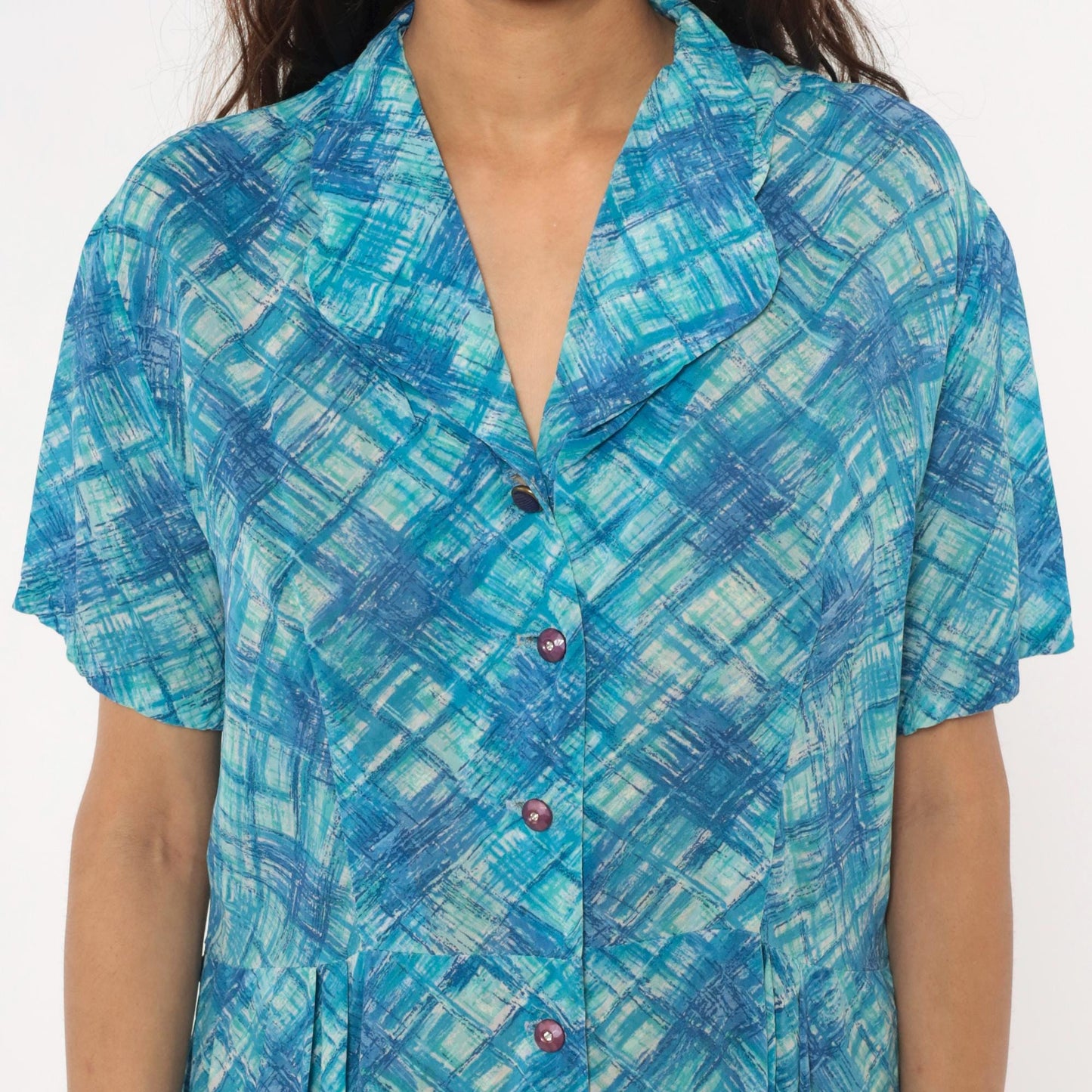 60s Blue Crosshatch Plaid Button-Front Shirtdress Short Sleeve Cotton Large L