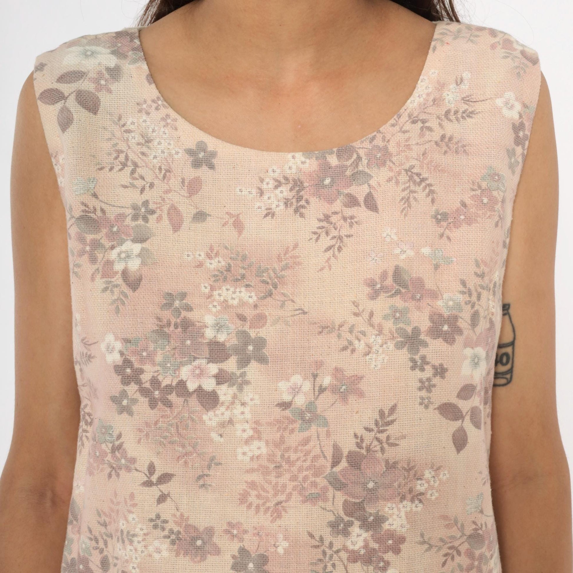 60s Floral Shift Dress Sleeveless Cream Pink Mauve Cotton Medium M