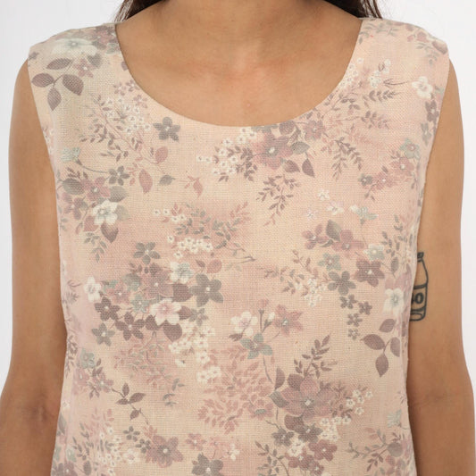 60s Floral Shift Dress Sleeveless Cream Pink Mauve Cotton Medium M