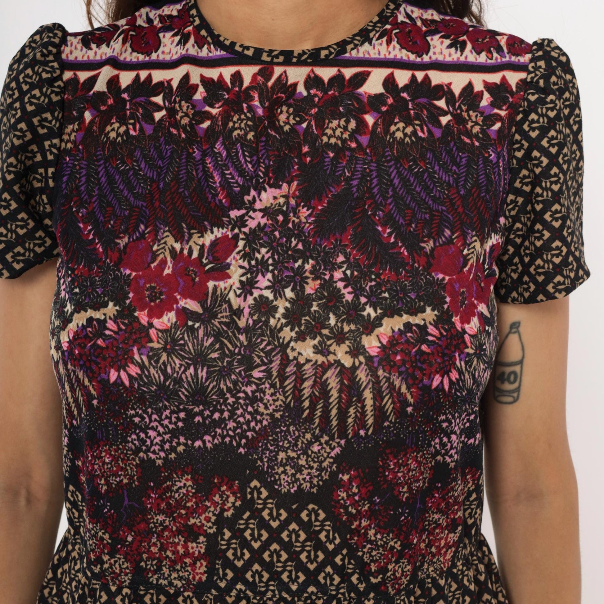 80s Mixed Print Shift Dress Keyhole Back Burgundy Purple Pink Black Medium