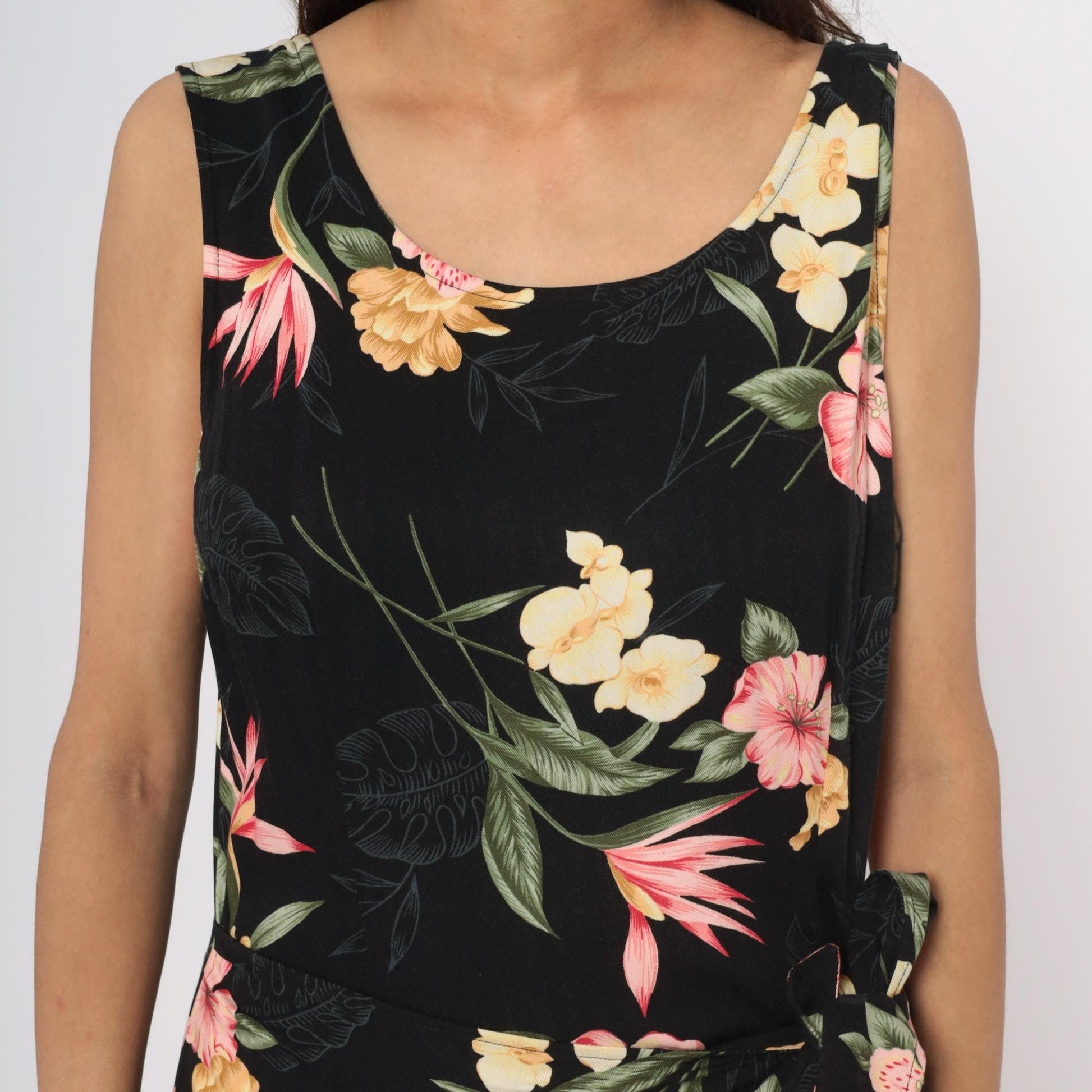 90s Caribbean Joe Black Floral Maxi Dress Tropical Print Sleeveless Large L