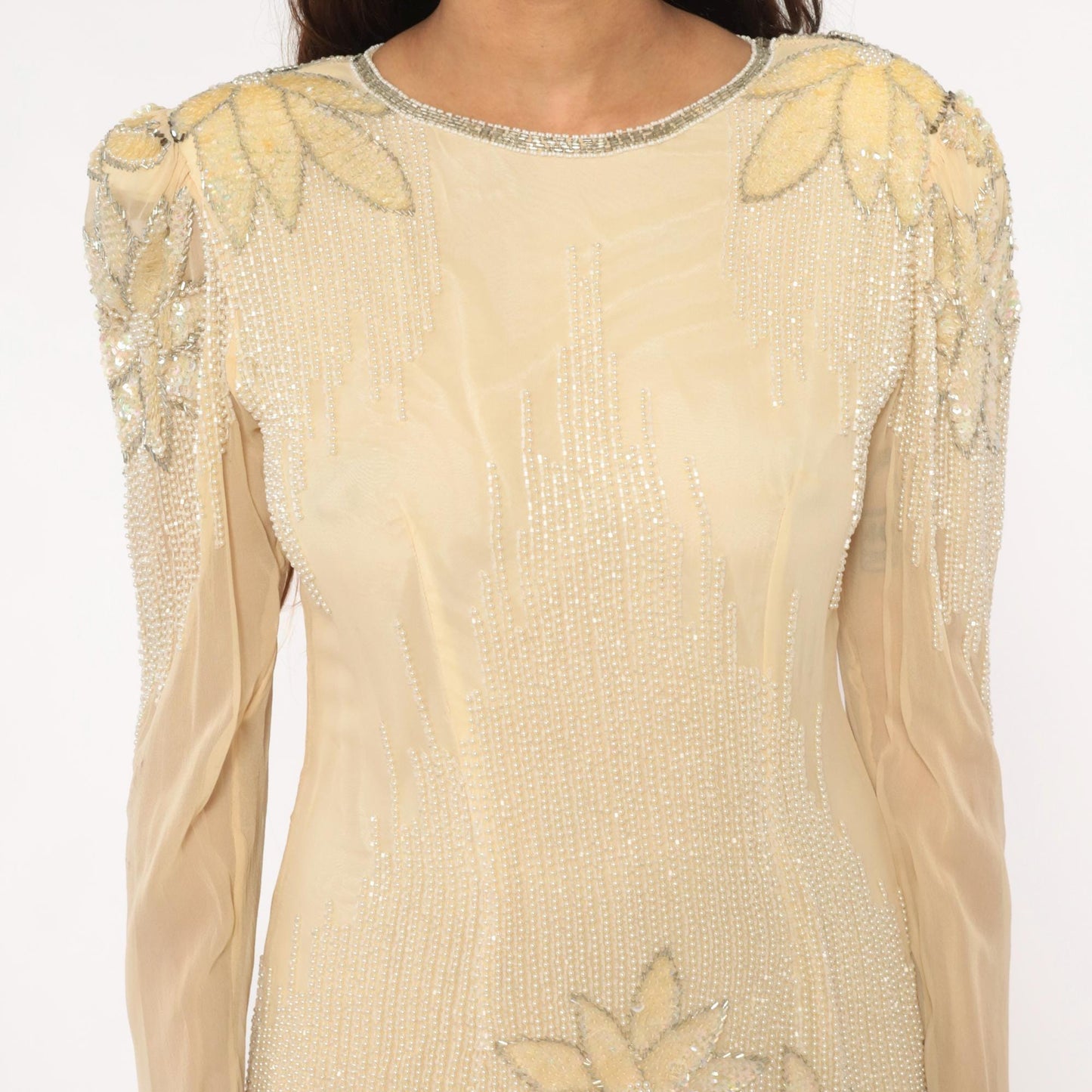 80s Sho Max Originals Silk Dress Beaded Drop Waist Cream Medium M