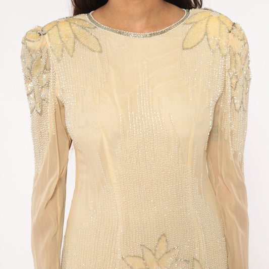 80s Sho Max Originals Silk Dress Beaded Drop Waist Cream Medium M