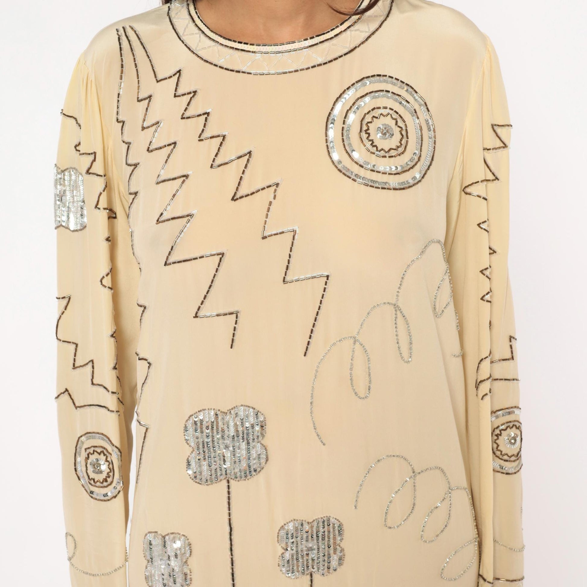 90s Argenti Silk Beaded Midi Dress Cream Drop Waist Geometric Embroidered Medium M
