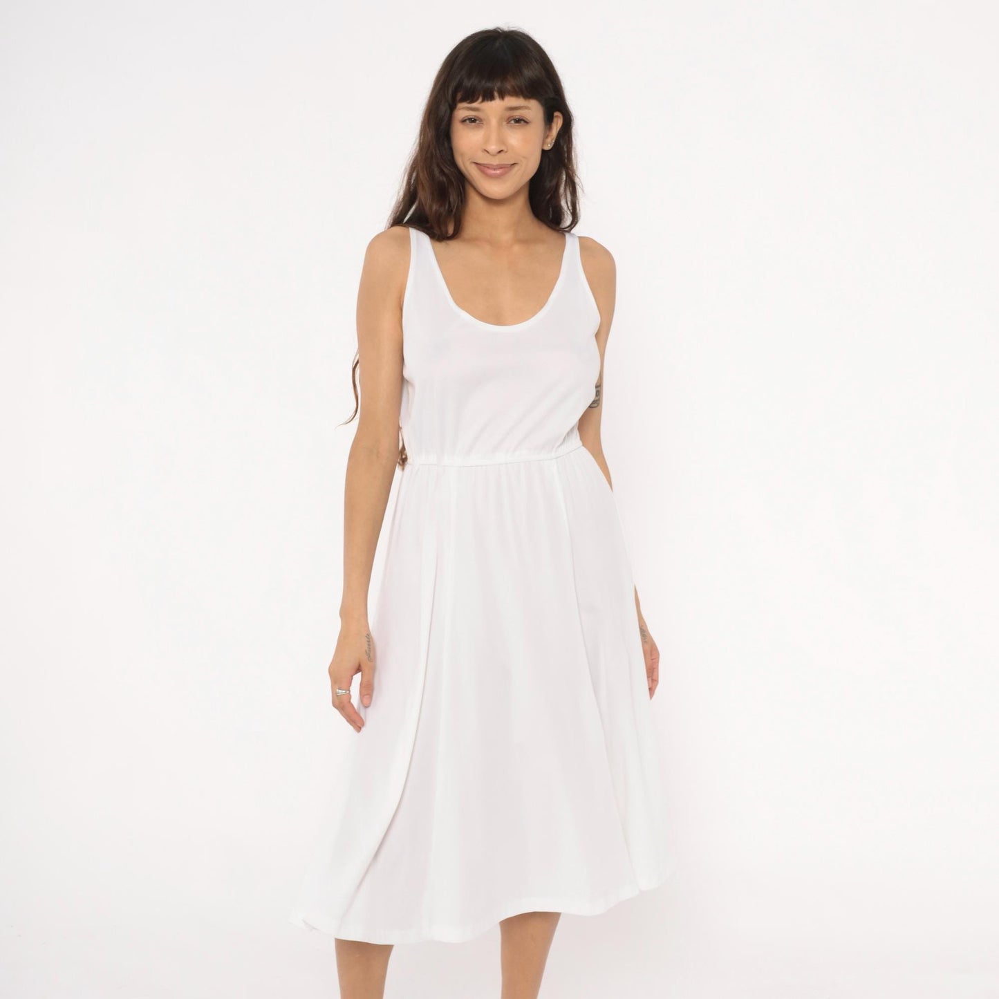 70s White Midi Dress Elastic Waist Scoop Neck A-Line Tank Strap Medium M