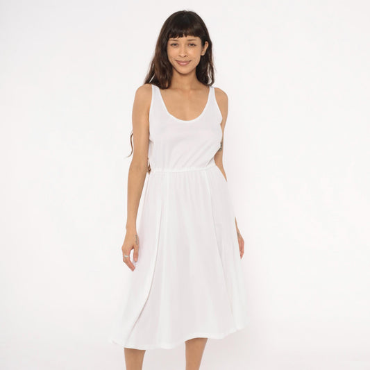 70s White Midi Dress Elastic Waist Scoop Neck A-Line Tank Strap Medium M