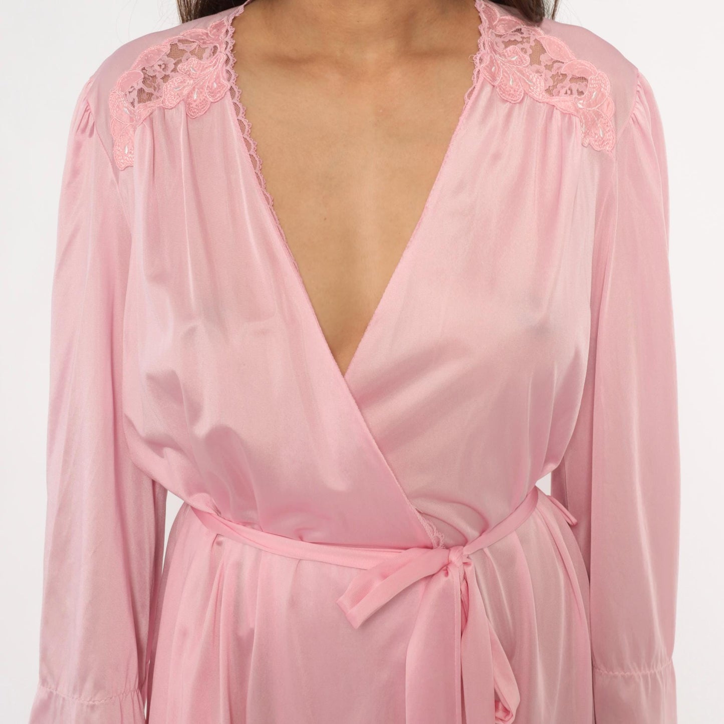 70s Lorraine Pink Lace Wrap Robe V-Neck Tie Front Lingerie Medium M