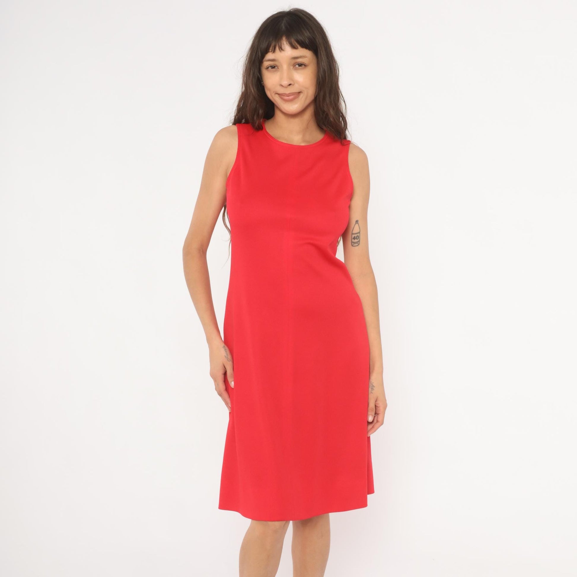 1960s Red A-Line Shift Dress Scoop Neck Sleeveless Knee Length Small S